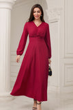 A-Line V-Neck Burgundy Formal Dress with Long Sleeves