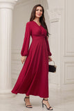 A-Line V-Neck Burgundy Formal Dress with Long Sleeves