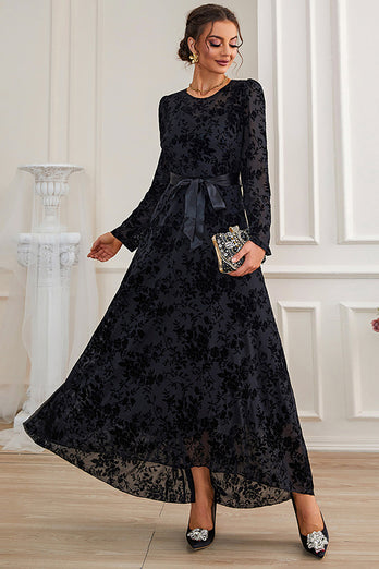 A-Line Long Sleeves Lace Black Formal Dress with Sash