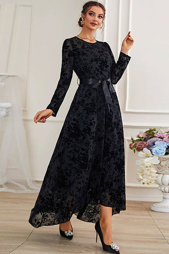 A-Line Long Sleeves Lace Black Formal Dress with Sash
