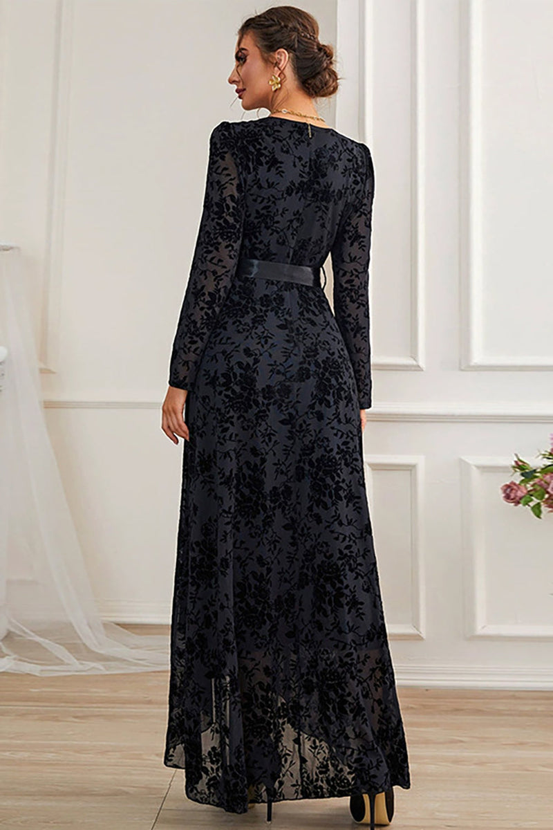 Load image into Gallery viewer, A-Line Long Sleeves Lace Black Formal Dress with Sash