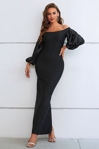 Mermaid Off The Shoulder Black Formal Dress with Puff Sleeves