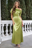 Satin Short Sleeves Matcha Formal Dress