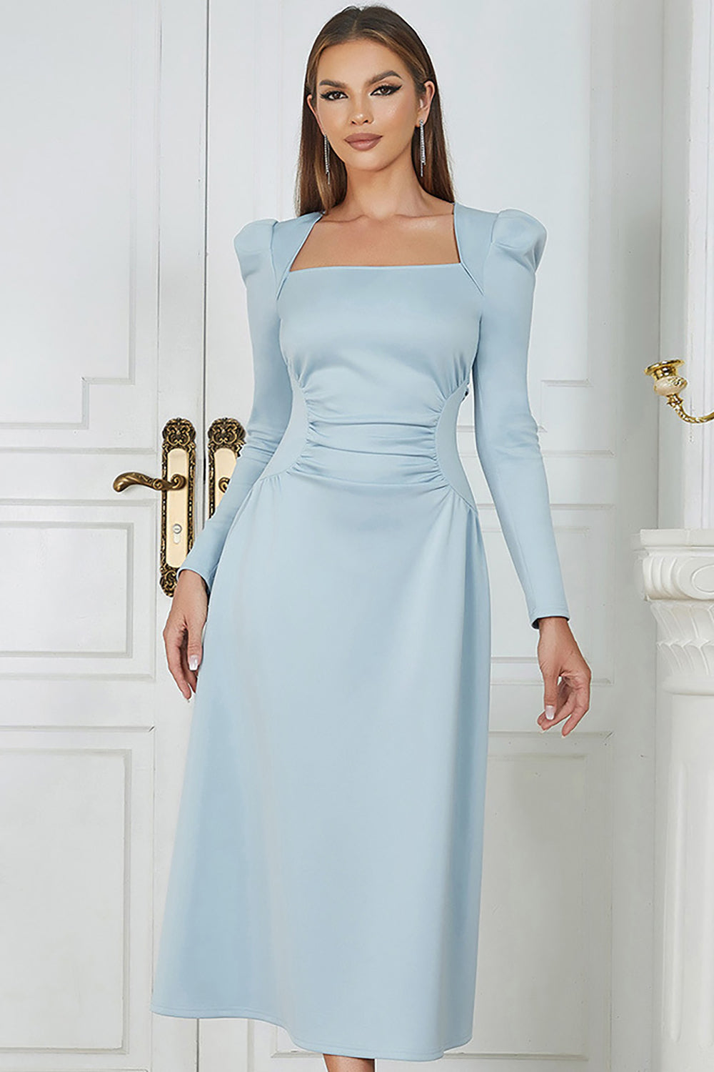 Long Sleeves Sky Blue Formal Dress with Ruffles