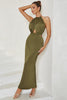 Load image into Gallery viewer, Mermaid Halter Backless Olive Party Dress