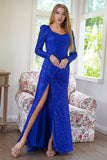 Sparkly Long Sleeves Sequins Royal Blue Evening Party Dress with Slit