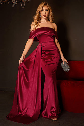 Mermaid Off The Shoulder Burgundy Prom Dress with Ruffles