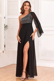 Sparkly One Shoulder Black Formal Dress with Sequins