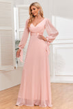 Chiffon V-Neck Blush Formal Dress with Long Sleeves