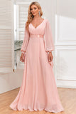 Chiffon V-Neck Blush Formal Dress with Long Sleeves