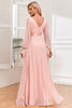 Load image into Gallery viewer, Chiffon V-Neck Blush Formal Dress with Long Sleeves