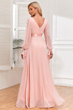 Chiffon V-Neck Blush Formal Dress with Long Sleeves