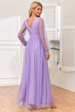 A-Line Long Sleeves Lilac Formal Dress with Slit