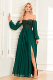 Sparkly Sweetheart Long Sleeves Pine Formal Dress with Sequins