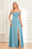 A-Line Cold Shoulder Blue Formal Dress with Slit