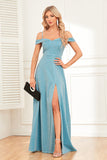 A-Line Cold Shoulder Blue Formal Dress with Slit