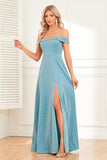 A-Line Cold Shoulder Blue Formal Dress with Slit