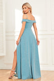 A-Line Cold Shoulder Blue Formal Dress with Slit