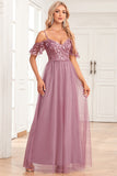 A-Line Cold Shoulder Dusty Rose Formal Dress