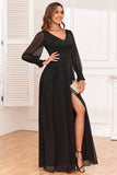 Glitter A-Line Long Sleeves Black Mother of The Bride Dress with Slit