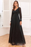 Glitter A-Line Long Sleeves Black Mother of The Bride Dress with Slit