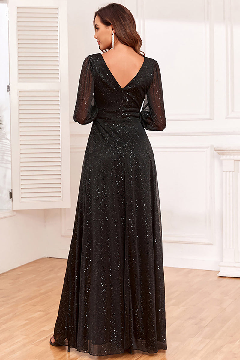 Load image into Gallery viewer, Glitter A-Line Long Sleeves Black Mother of The Bride Dress with Slit