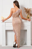 Glitter One Shoulder Champagne Holiday Party Dress with Fringes