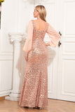 Long Sleeves Sequins Champagne Formal Dress with Slit