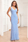 V-Neck Sequins Sky Blue Prom Dress