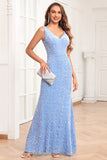 V-Neck Sequins Sky Blue Prom Dress