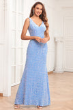 V-Neck Sequins Sky Blue Prom Dress