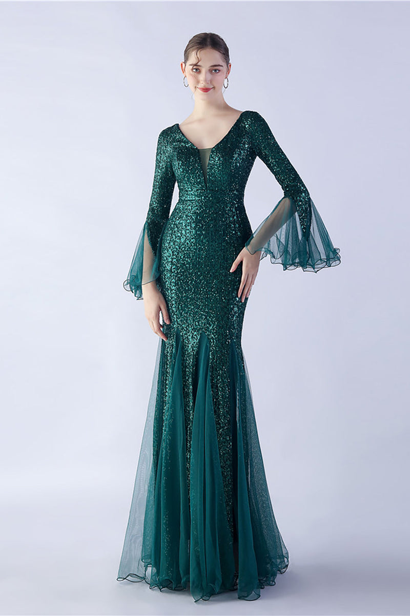 Load image into Gallery viewer, Dark Green Sequin V-neck Long Sleeves Mermaid Formal Dress