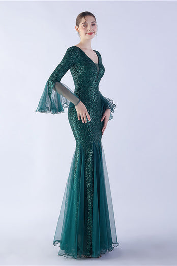 Dark Green Sequin V-neck Long Sleeves Mermaid Formal Dress