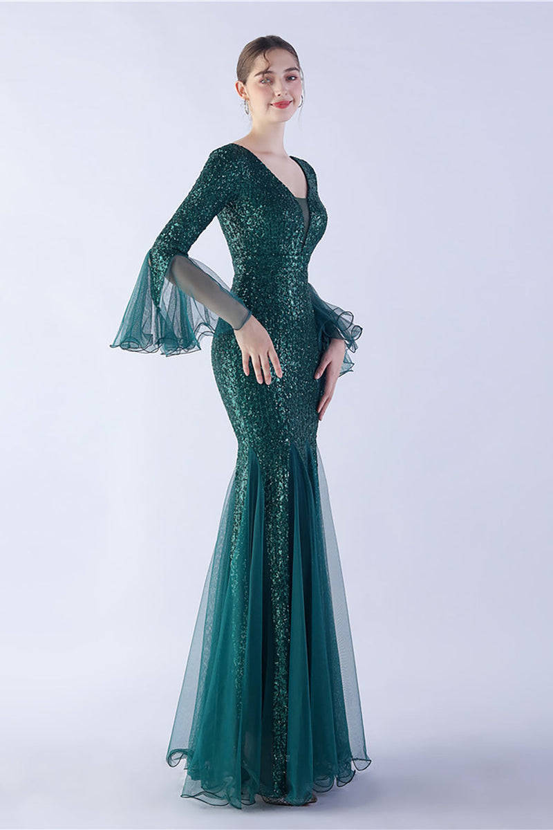 Load image into Gallery viewer, Dark Green Sequin V-neck Long Sleeves Mermaid Formal Dress