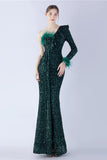 Mermaid One Shoulder Sequin Formal Dress With Feathers