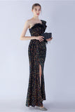 Mermaid One Shoulder Sequin Formal Dress With Feathers