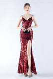 Burgundy Spaghetti Straps V-neck Sequin Sheath Formal Dress with Slit