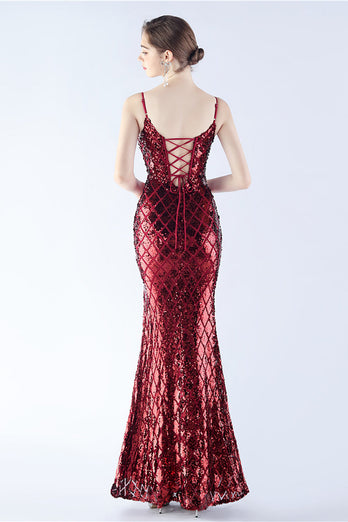 Burgundy Spaghetti Straps V-neck Sequin Sheath Formal Dress with Slit