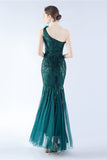 Burgundy Mermaid One Shoulder Mesh and Beaded Evening Dress With Feathers