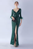 Navy Sequin V-neck Half Sleeves Sheath Formal Dress with Feather