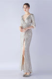 Navy Sequin V-neck Half Sleeves Sheath Formal Dress with Feather