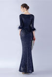 Navy Sequin V-neck Half Sleeves Sheath Formal Dress with Feather