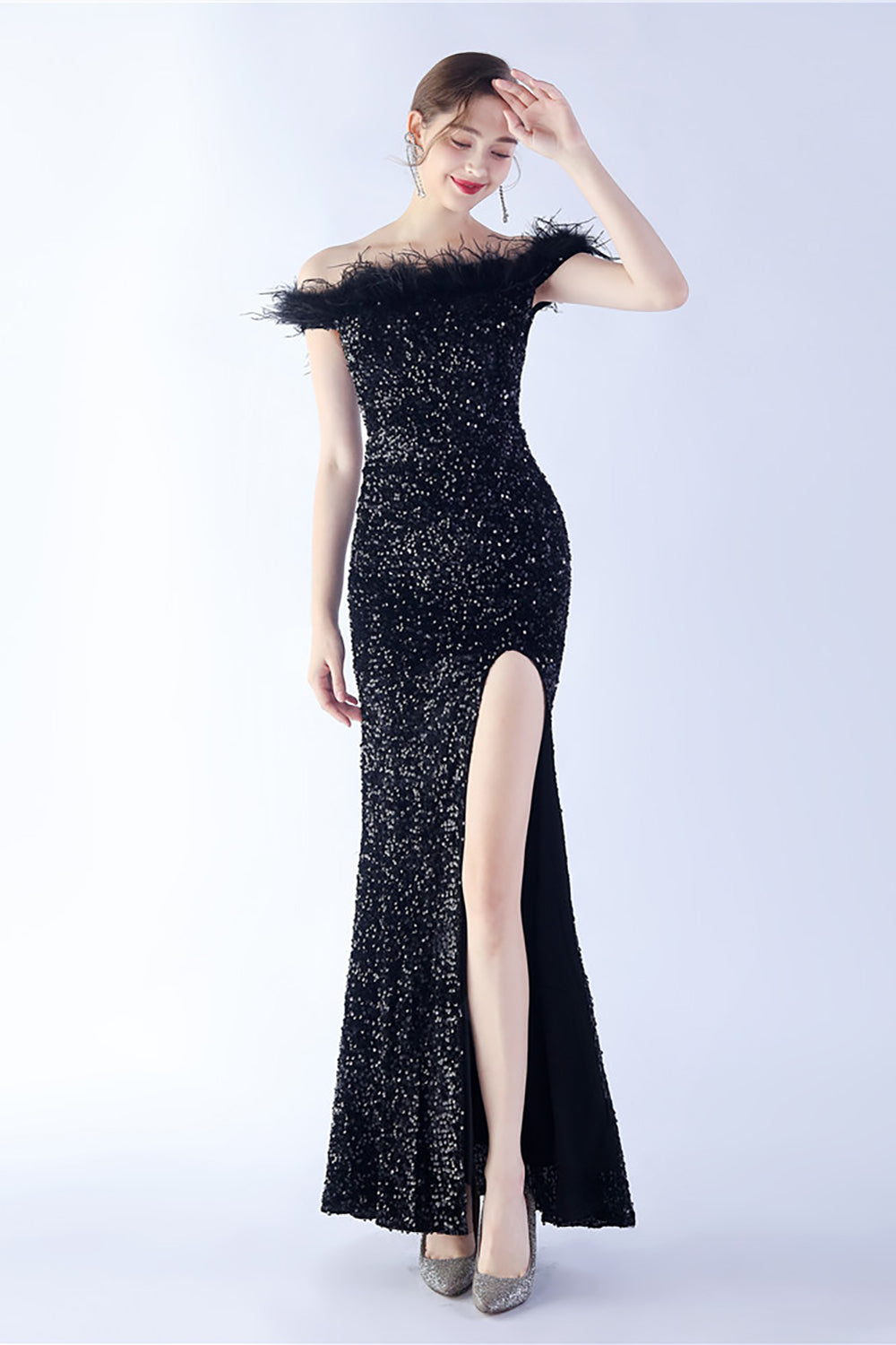 Black Bodycon Off The Shoulder Sequins Long Evening Dress with Ostrich Feather