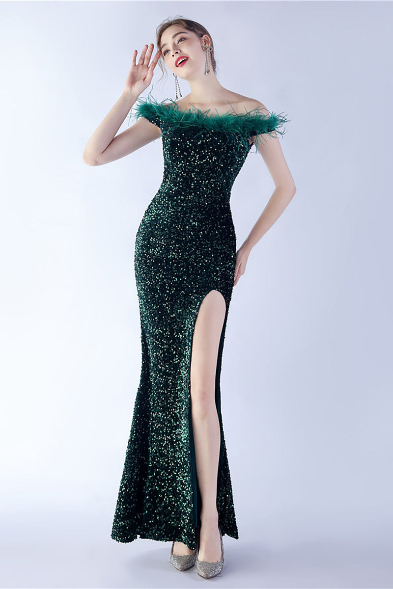 Load image into Gallery viewer, Black Bodycon Off The Shoulder Sequins Long Evening Dress with Ostrich Feather
