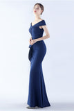 Navy Off the Shoulder Mermaid Crepe Formal Dress with Slit