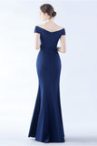 Navy Off the Shoulder Mermaid Crepe Formal Dress with Slit