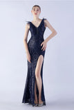 Lilac Mermaid V Neck Side Slit Beaded Evening Dress With Feather