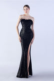 Dark Green Strapless Sequin Sheath Formal Dress with Feather