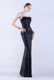 Dark Green Strapless Sequin Sheath Formal Dress with Feather