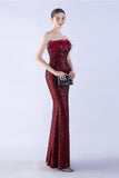 Dark Green Strapless Sequin Sheath Formal Dress with Feather